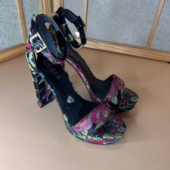 Guess Chunky Stack Heel platform with Ankle Strp open toe colorful texture sz 7 - Picture 2 of 9